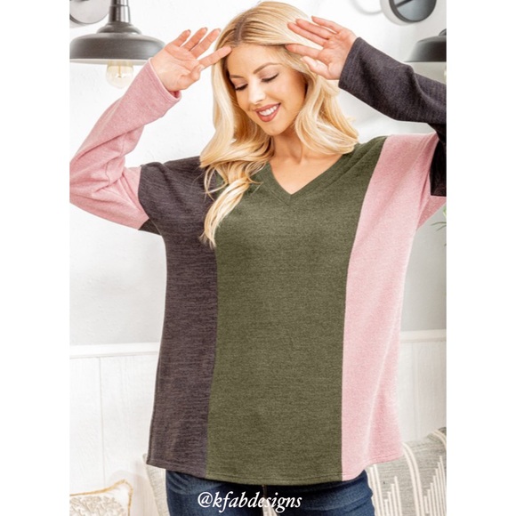 LAST 1! V Neck Soft Vertical Stripe Olive/Pink Color Block Top! - Picture 8 of 11